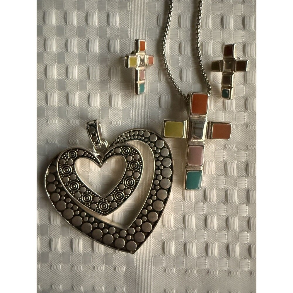 Vintage Jewelry Lot Double Heart Charm Cross Set with Multicolor Mosaic Earrings